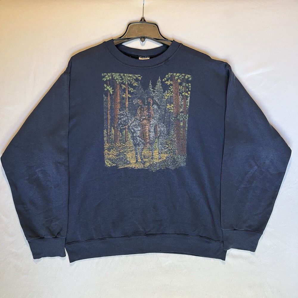 Vintage Salem Sportswear Nature Sweatshirt L USA Navy Native American Horse 90s